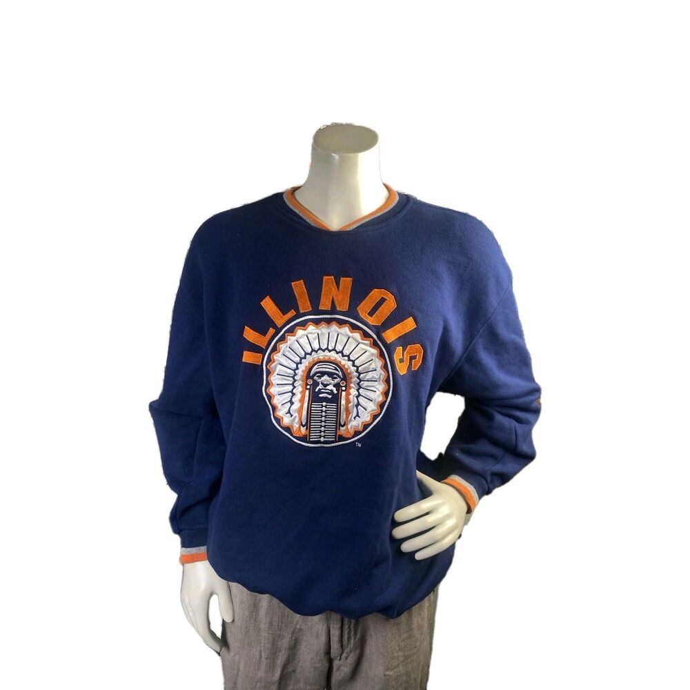 Vintage Starter Illinois Fighting Illini Navy Sweatshirt Mens L Chief 90s RARE!